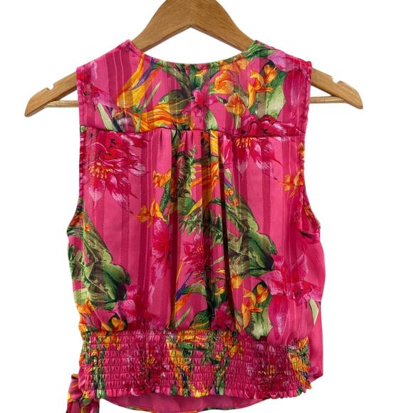 Cupcakes and Cashmere Hot Pink Metallic Detail Tropical Floral Faux Wrap Top S - Picture 6 of 9